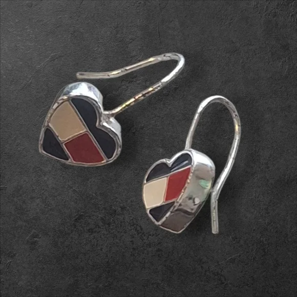 Vintage Heart Mosaic Enamel Earrings Red, Black, Cream French Hoop Slight Dangle - Picture 3 of 5